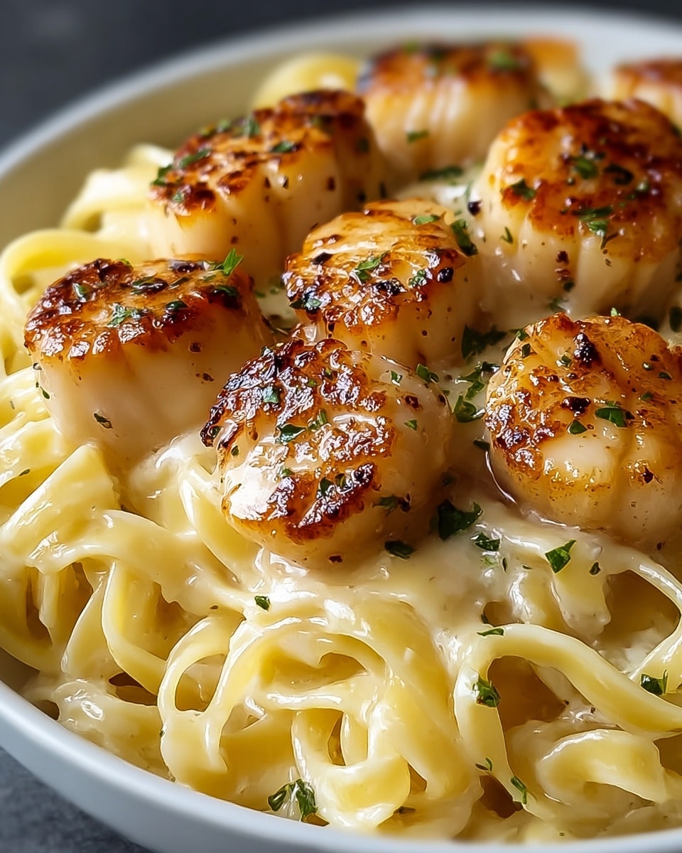 This image shows a close-up of a white bowl filled with creamy pasta. The first layer is pale yellow flat pasta noodles with a smooth texture, loosely piled at the bottom. On top, there are golden brown scallops that are seared to a crispy finish, each scallop glistening with a shiny, creamy sauce that coats them and drips slightly onto the noodles. Small bits of green herbs are sprinkled over the scallops, adding a touch of color and freshness. The white marbled texture is barely visible around the edges of the bowl. photo taken with an iphone --ar 4:5 --v 7
