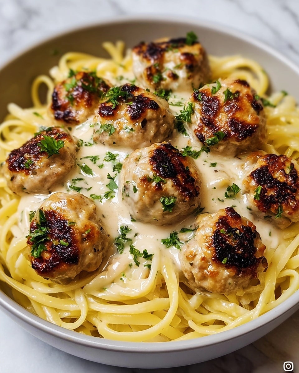 A dish showing a bed of light yellow creamy spaghetti noodles as the base layer, topped with several browned, slightly crispy meatballs covered in a creamy white sauce. The meatballs are golden with some charred spots, and small green parsley pieces are sprinkled on top, adding a touch of color. The food is served in a white bowl, placed on a white marbled surface. photo taken with an iphone --ar 4:5 --v 7
