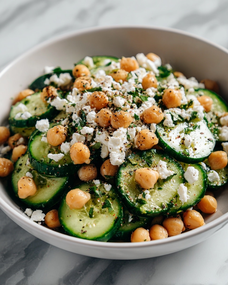 The image shows a fresh salad in a white bowl filled with three main layers: the bottom layer is thinly sliced cucumber rounds with dark green skin and pale green centers, the middle layer is whole, light beige chickpeas scattered evenly, and the top layer is crumbled white feta cheese with small pieces of chopped green herbs mixed throughout. The salad is sprinkled with coarse ground black pepper adding dark specks throughout. The bowl is placed on a surface with a white marbled texture. photo taken with an iphone --ar 4:5 --v 7