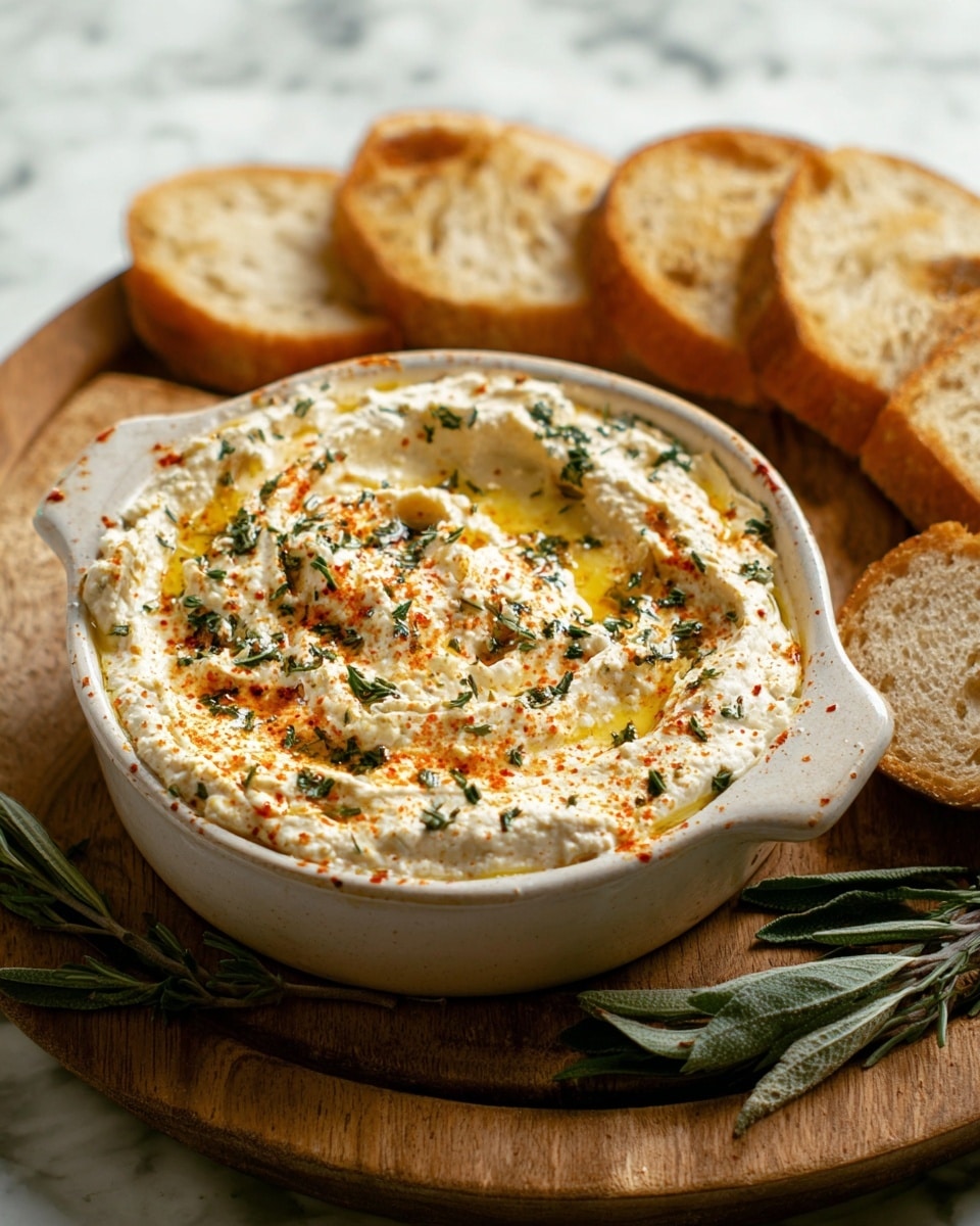 This image shows a white bowl filled with creamy white hummus topped with green herbs, orange-red spices, and a drizzle of golden olive oil. The hummus has small swirls and peaks, giving it a textured look. The bowl sits on a round wooden board, which also holds several slices of light brown crusty bread arranged around the bowl. Some green herb sprigs are placed near the edge of the board. The background is a white marbled surface. photo taken with an iphone --ar 4:5 --v 7