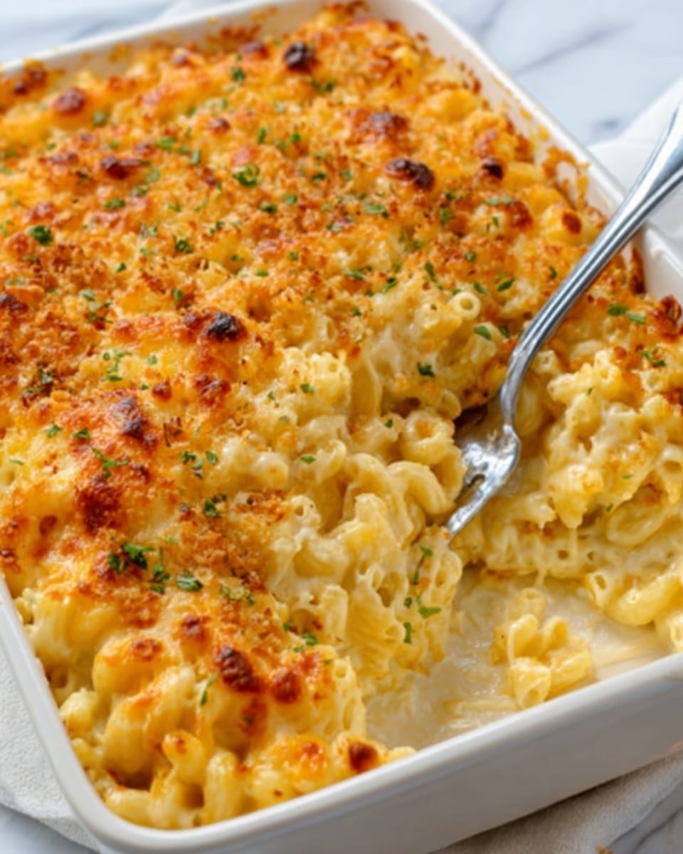 A close-up view of a white bowl filled with baked macaroni and cheese, showing one scoop being lifted, stretching gooey melted cheese above the bowl. The dish has a single visible layer of elbow macaroni covered in golden, bubbly, and slightly browned cheese sauce with a smooth, creamy texture. The cheese stretches in thick, shiny strings as the macaroni is lifted. The bowl sits on a white marbled surface. photo taken with an iphone --ar 4:5 --v 7
