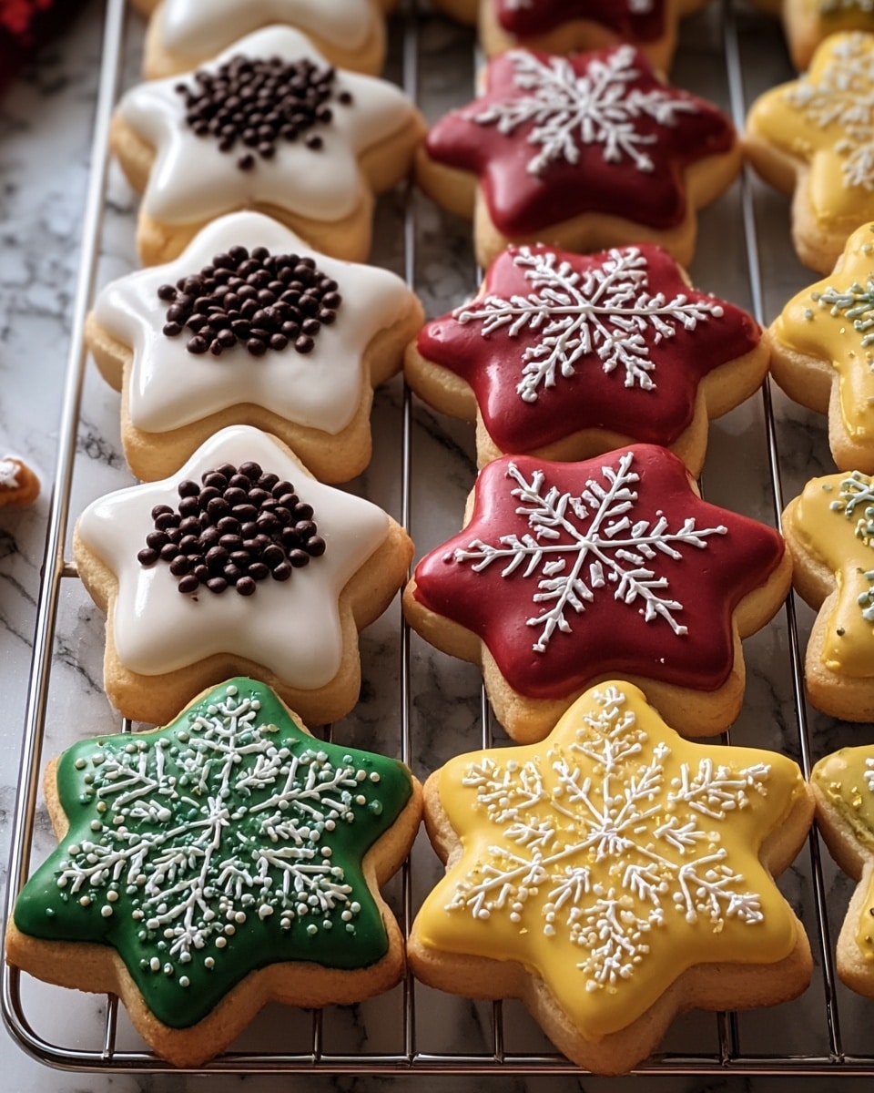 The image shows a tray of star-shaped cookies with three different icing styles, arranged in rows on a silver wire rack over a white marbled surface. The first style has a glossy white icing layer covering the top of the cookie, topped with a cluster of small dark chocolate chips in the center. The second style features a rich red icing layer with detailed white snowflake patterns piped on top, creating a festive look. The third style presents a bright green icing layer with a white intricate snowflake pattern, and a vibrant yellow icing layer sprinkled with small white nonpareils, both at the front of the tray. The thick cookie base is golden and visible beneath the icing layers. Photo taken with an iphone --ar 4:5 --v 7