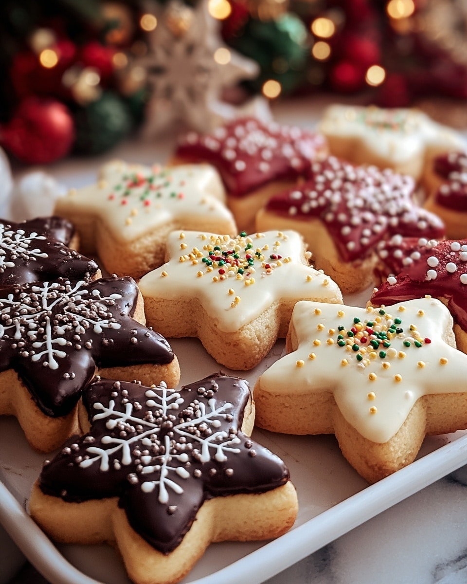 The image shows star-shaped cookies with a thick base of pale golden brown cookie dough. Each cookie is topped with a smooth, glossy icing layer in colors of dark chocolate brown, white, and a deep red. The dark brown icing cookies have intricate white designs resembling snowflakes or branches, and some have small red, white, and green round sprinkles in the middle. The white icing cookies are decorated with small gold sprinkles scattered evenly. The red icing cookies are covered with tiny white round sprinkles. The cookies are arranged in rows on a white tray placed on a white marbled surface with festive blurred decorations in the background. photo taken with an iphone --ar 4:5 --v 7