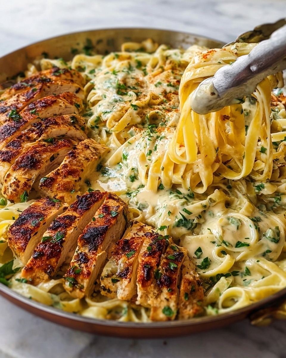 The image shows a pan filled with creamy fettuccine pasta mixed with green herbs, surrounded by two grilled chicken breasts sliced into pieces, with a golden brown, slightly charred surface. The creamy sauce is thick, light yellow, and creamy, partially covering the pasta and chicken. A pair of silver tongs lifts a portion of the noodles, showing their smooth and soft texture. The pan rests on a white marbled surface. photo taken with an iphone --ar 4:5 --v 7