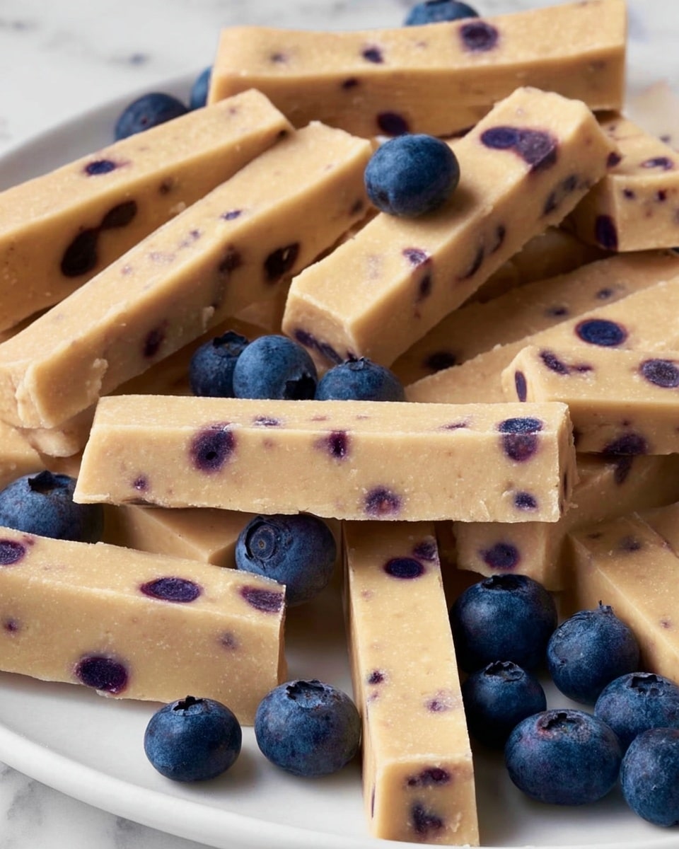 The image shows many rectangular beige bars with a smooth texture, each bar containing small dark purple spots inside, stacked closely together. The bars have a firm but soft look, and they are placed on a white plate. Around the bars, there are several fresh blueberries with a deep blue color and a slightly shiny texture. The whole scene is set on a white marbled surface. photo taken with an iphone --ar 4:5 --v 7