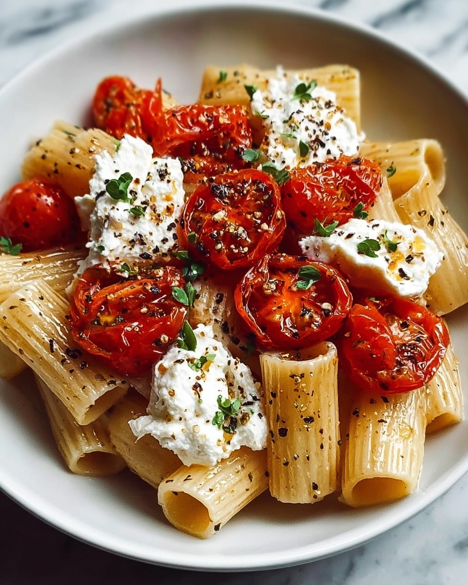 The dish shows a white plate filled with a single layer of large tube pasta, light yellow in color, spread evenly. On top of the pasta, there are bright red roasted cherry tomatoes, some whole and some sliced in half, showing a glossy texture. Small dollops of white creamy cheese are placed over the pasta and tomatoes, adding contrast. Black pepper is sprinkled all over the dish, creating tiny black specks. Green chopped herbs are scattered lightly as a garnish, adding a fresh touch. The plate sits on a white marbled surface. photo taken with an iphone --ar 4:5 --v 7