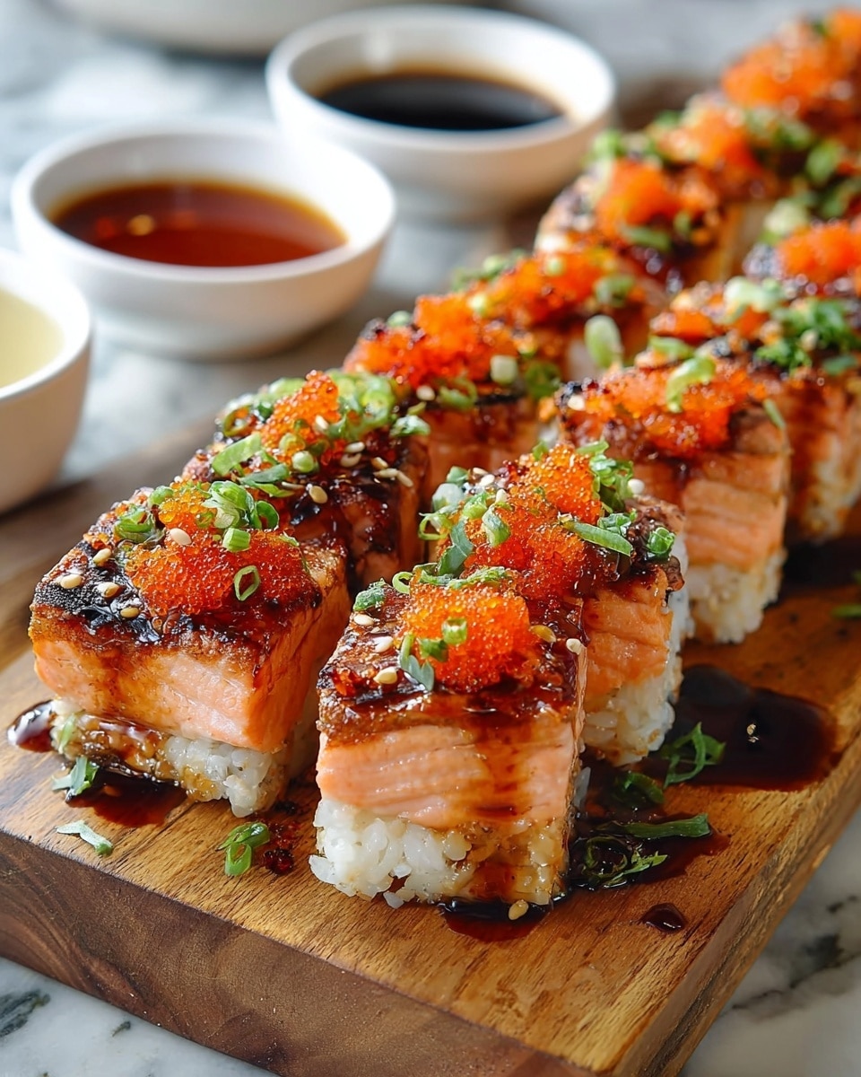 This image shows a row of eight pieces of grilled salmon sushi arranged neatly on a wooden board. Each piece has three main layers: a base layer of sticky white rice, a thick, slightly charred pink salmon layer on top, and a vibrant orange layer of fish roe garnished with chopped green onions and sesame seeds. There is a drizzle of dark sauce over the salmon pieces adding shine and extra texture. The wooden board sits on a white marbled surface, and there are three small white bowls around it, two filled with dark soy sauce and one with a light sauce. The focus is sharp on the sushi, making them look fresh and colorful. photo taken with an iphone --ar 4:5 --v 7