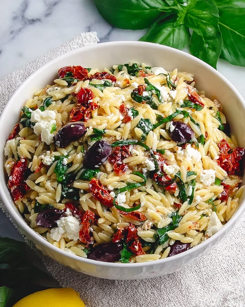 A white bowl filled with a colorful orzo salad showing several layers mixed together: the bottom layer is light yellow orzo pasta, topped with dark purple olives, chunks of white feta cheese, bright green chopped spinach, and deep red sun-dried tomatoes scattered throughout. The texture looks fresh and slightly crumbly with a bit of shine from a light dressing, all resting on a white textured cloth on a white marbled surface, with some green basil leaves in the background. photo taken with an iphone --ar 4:5 --v 7