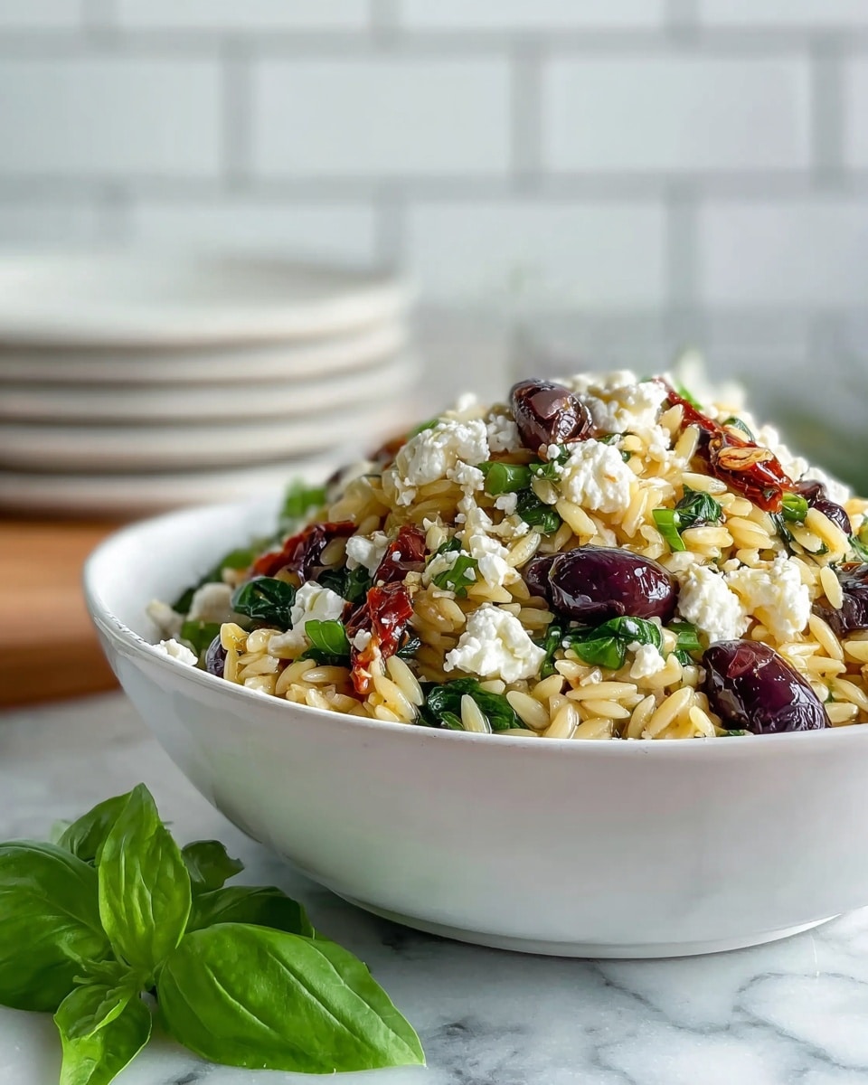 A white bowl filled with a mixed dish showing about four layers of ingredients: the base layer is light golden orzo pasta with a smooth texture, mixed through are bright green spinach leaves providing a fresh look, scattered throughout are deep purple Kalamata olives adding contrast, sun-dried tomatoes bring a rough, dark red layer, and crumbled white feta cheese is spread on top giving a soft, creamy texture. The dish sits on a white marbled surface, accompanied by a fresh green basil leaf at the bowl’s base. In the background, there is a blurred white tiled wall and a few stacked white plates. Photo taken with an iphone --ar 4:5 --v 7