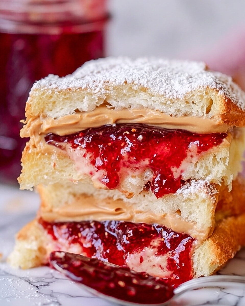 A close-up of a sandwich piece shows four layers sitting on a white marbled surface dusted lightly with powdered sugar. The bottom layer is a soft, light golden bread slice, followed by a thick layer of juicy white turkey meat with a smooth texture. Above the turkey is a layer of pink ham, thinly sliced and slightly folded. The top layer is melted cheese with a golden-brown toasted crust dusted generously with white powdered sugar. In the foreground, a spoon holds a thick, dark red jam with visible seeds, adding contrast to the soft sandwich layers. Photo taken with an iphone --ar 4:5 --v 7