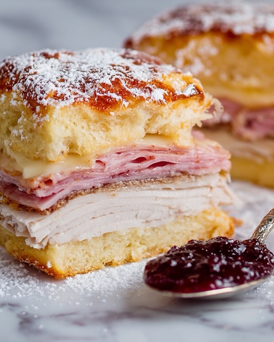 A close-up view of a sandwich with three clear layers: the top layer is a soft, golden-brown bread dusted with white powdered sugar; the middle layer shows creamy, pale beige peanut butter spread evenly; below it, there is a vibrant red raspberry jam with visible seeds, oozing from the sandwich edges. The sandwich is partially bitten, revealing the inside textures clearly. The background is a white marbled texture with a glass jar of red jam blurred in the back, and a silver spoon holding some jam lies at the bottom right corner. photo taken with an iphone --ar 4:5 --v 7