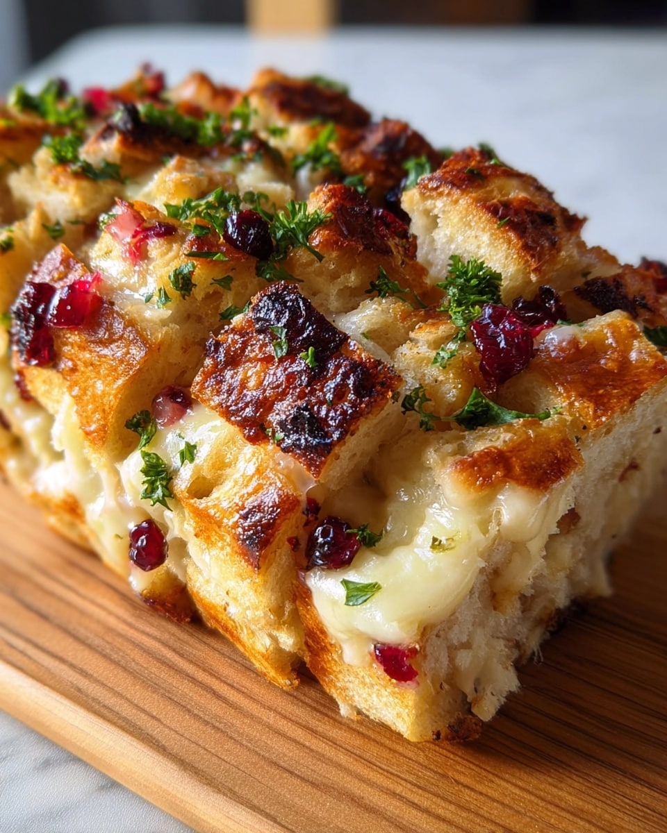 The dish is a close-up of pull-apart bread on a wooden board with a white marbled background. The bread has several layers of soft, golden brown crust with a slightly charred texture on top. Between the layers, there is a gooey, melted creamy cheese that is pale yellow and bubbly. Scattered around the bread are bits of bright red cranberry or berry pieces and fresh chopped green herbs, likely parsley, adding color contrast. The bread looks fluffy inside with a light and airy texture. photo taken with an iphone --ar 4:5 --v 7