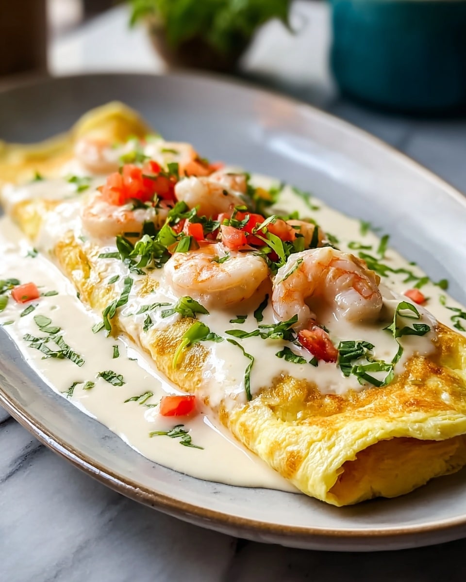 Three rolled tortillas filled with shrimp and small red bell pepper pieces sit side by side on a white plate, covered with a layer of melted pale yellow cheese that has slight browning and fresh green cilantro leaves sprinkled on top. The tortillas have a golden brown texture visible at the edges, and the shrimp inside are pink-orange. The plate is set on a white marbled surface with some chopped cilantro around the food. In the background, a blurred dish with light brown sauce and some green herbs can be seen. Photo taken with an iphone --ar 4:5 --v 7