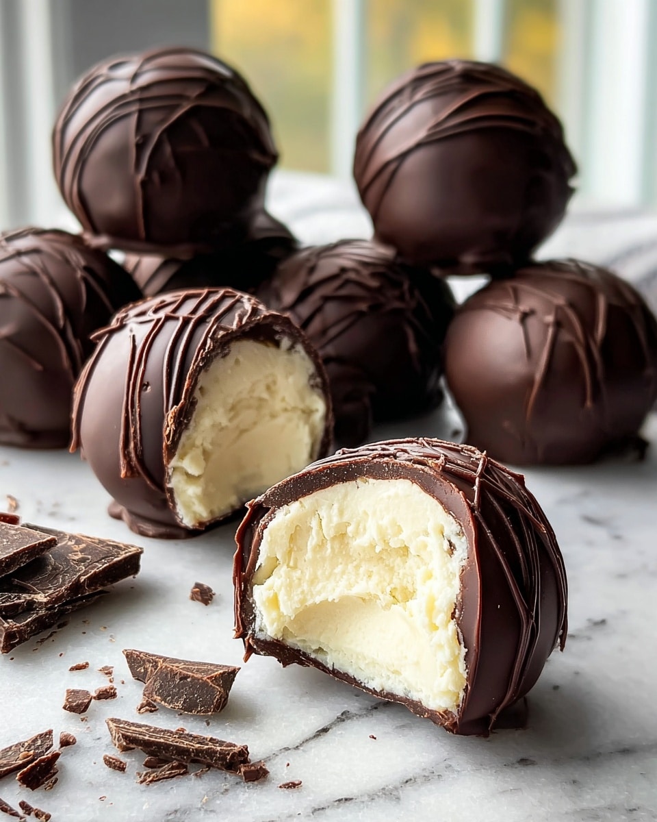 A group of round chocolate truffles sits on a white marbled surface, with one truffle cut in half at the front showing a smooth, creamy white filling inside a shiny dark chocolate shell. The dark chocolate coating on each truffle is decorated with thin, textured chocolate lines drizzled across the surface, giving a slightly uneven but artistic look. Small pieces of broken dark chocolate are scattered around the truffles, and soft natural light from a window in the blurred background highlights the glossy texture of the chocolate. photo taken with an iphone --ar 4:5 --v 7