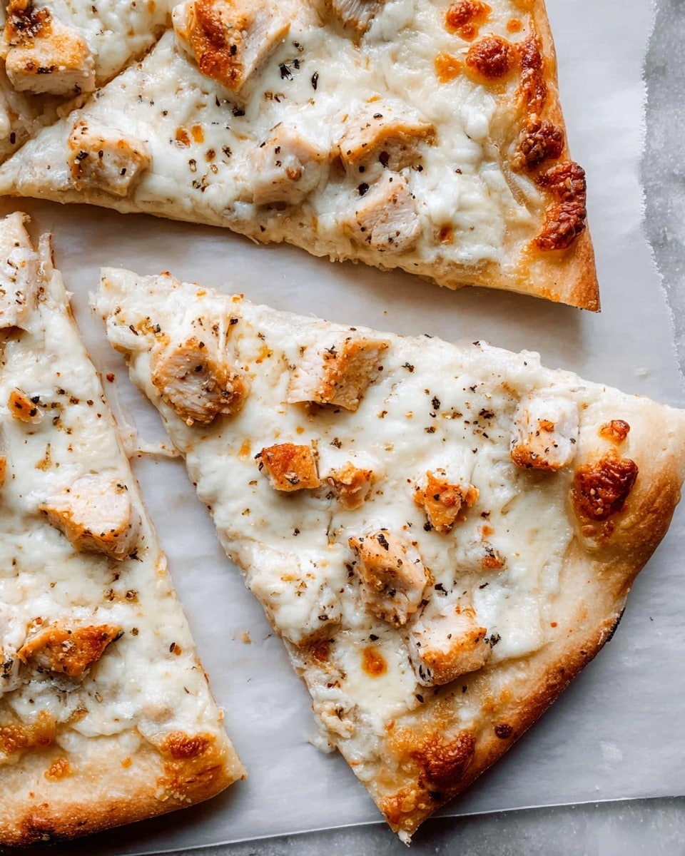 A round pizza with a golden brown crust, cut into eight triangular slices, sits on a wooden pizza board over a white marbled surface. The pizza has one main layer of creamy white melted cheese sprinkled with small browned spots and dotted with chunks of cooked chicken. There are small flecks of black pepper spread evenly over the top. The crust is slightly thick, firm, and has some charred spots, giving a rustic look. The cheese texture is smooth and bubbly with some browned edges near the crust. photo taken with an iphone --ar 4:5 --v 7