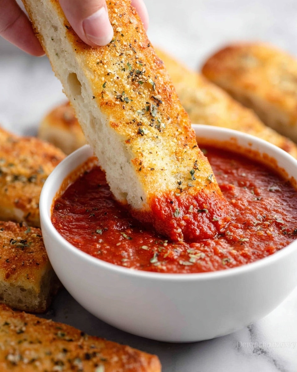A close-up view shows a white bowl filled with thick, bright red marinara sauce with a chunky texture and glossy surface. A piece of golden brown breadstick with a crispy crust sprinkled with herbs and garlic powder is dipped into the sauce. The breadstick is held by a woman's hand, showing its soft, light interior with air pockets. Around the bowl, on a white marbled surface, are more breadsticks with the same golden, herb-covered outer crust. The scene has a cozy and inviting feel. photo taken with an iphone --ar 4:5 --v 7