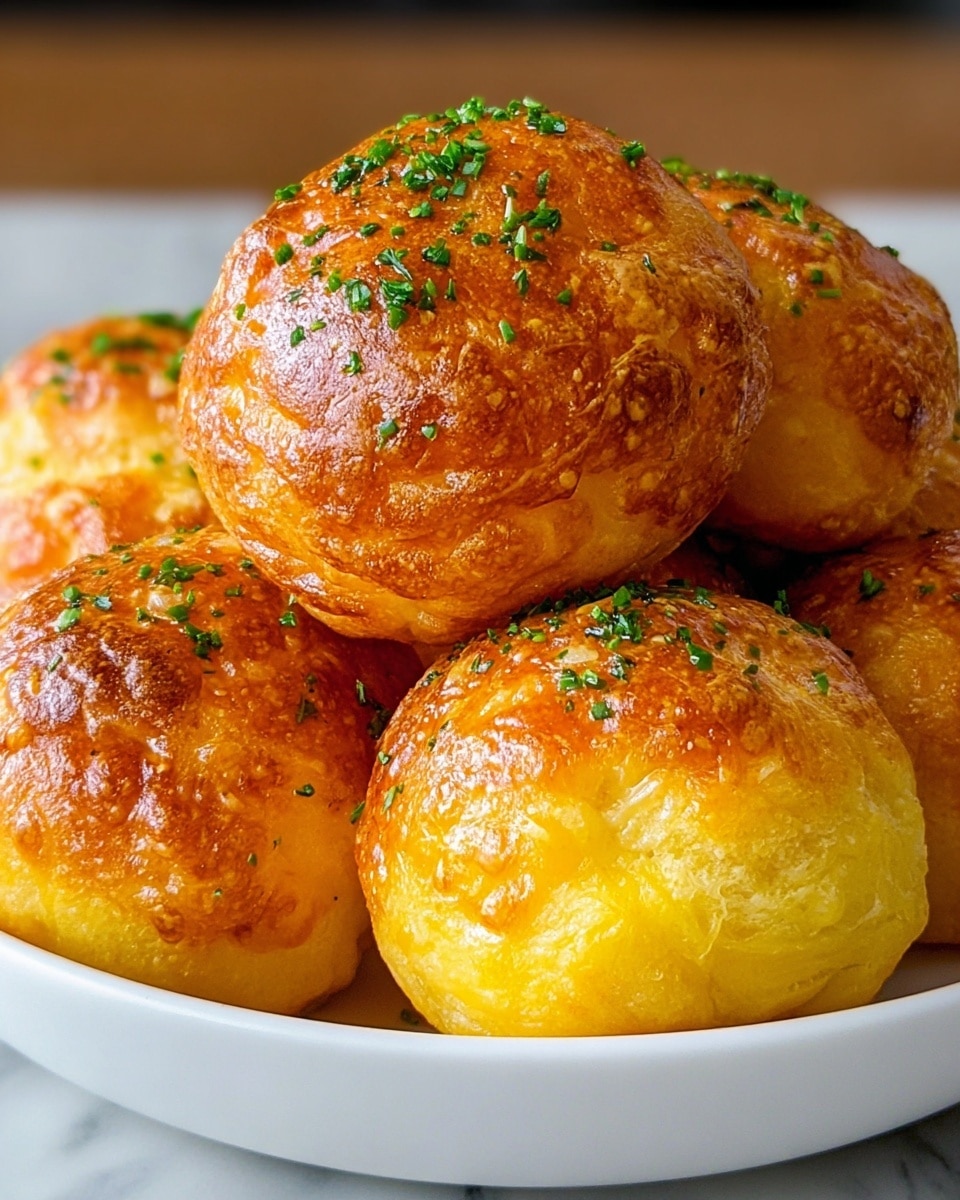 The image shows a white bowl filled with golden-brown, round, baked cheese bread balls, stacked in layers with the top layer prominently displaying a few balls sprinkled with finely chopped green herbs. The bread balls have a shiny, slightly crispy texture on the outside with a warm yellow color underneath, indicating a soft interior. The bowl rests on a white marbled surface, and the depth of field focuses clearly on the cheese balls, making their texture and color vivid and inviting. photo taken with an iphone --ar 4:5 --v 7