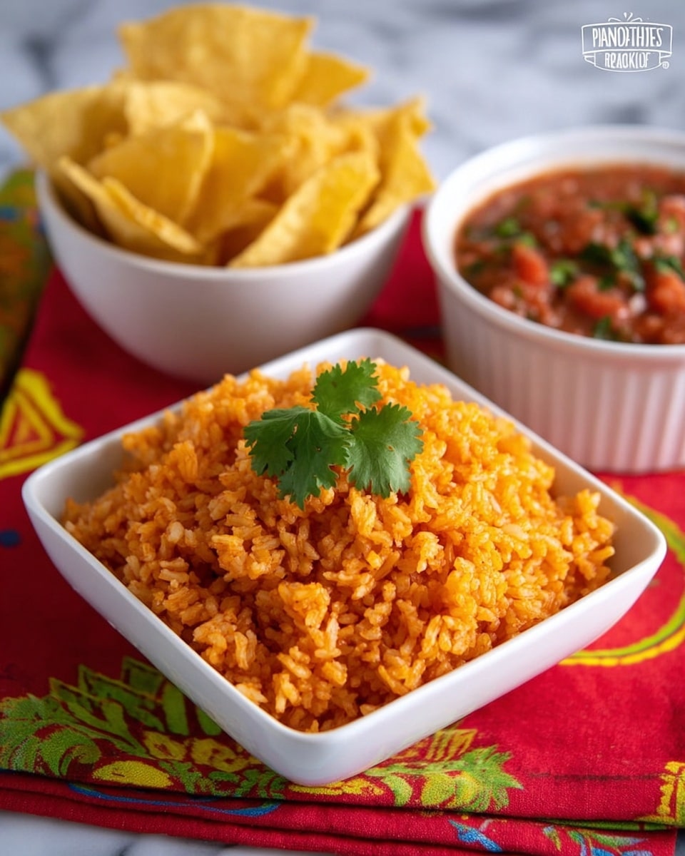The image shows a white square bowl filled with orange-colored rice that has a slightly moist and fluffy texture, topped with a few bright green cilantro leaves in the center. Behind the rice, there is a white bowl filled with thin, golden-yellow tortilla chips, and next to it is another white bowl containing a chunky tomato-based salsa with visible pieces of tomato and herbs. The bowls are placed on a colorful red cloth with yellow and green patterns, set against a white marbled surface background. photo taken with an iphone --ar 4:5 --v 7