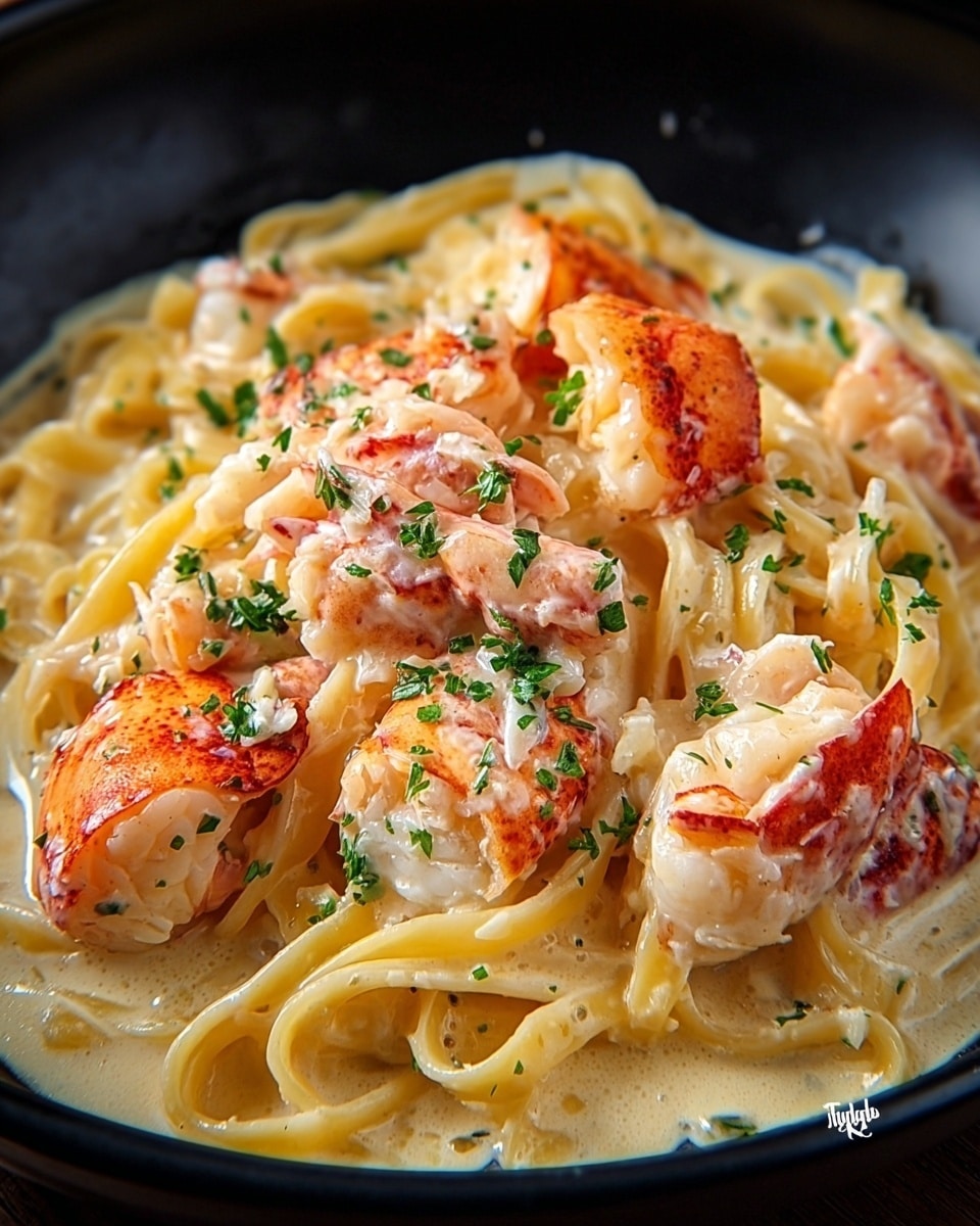 The image shows a dish in a black bowl filled with creamy pasta, likely fettuccine, coated in a rich, light yellow sauce. On top of the pasta, there are several large chunks of lobster meat with orange and white colors, speckled with chopped green herbs, probably parsley. The sauce looks smooth and thick, surrounding the pasta and lobster pieces, giving the dish a creamy and rich appearance. photo taken with an iphone --ar 4:5 --v 7