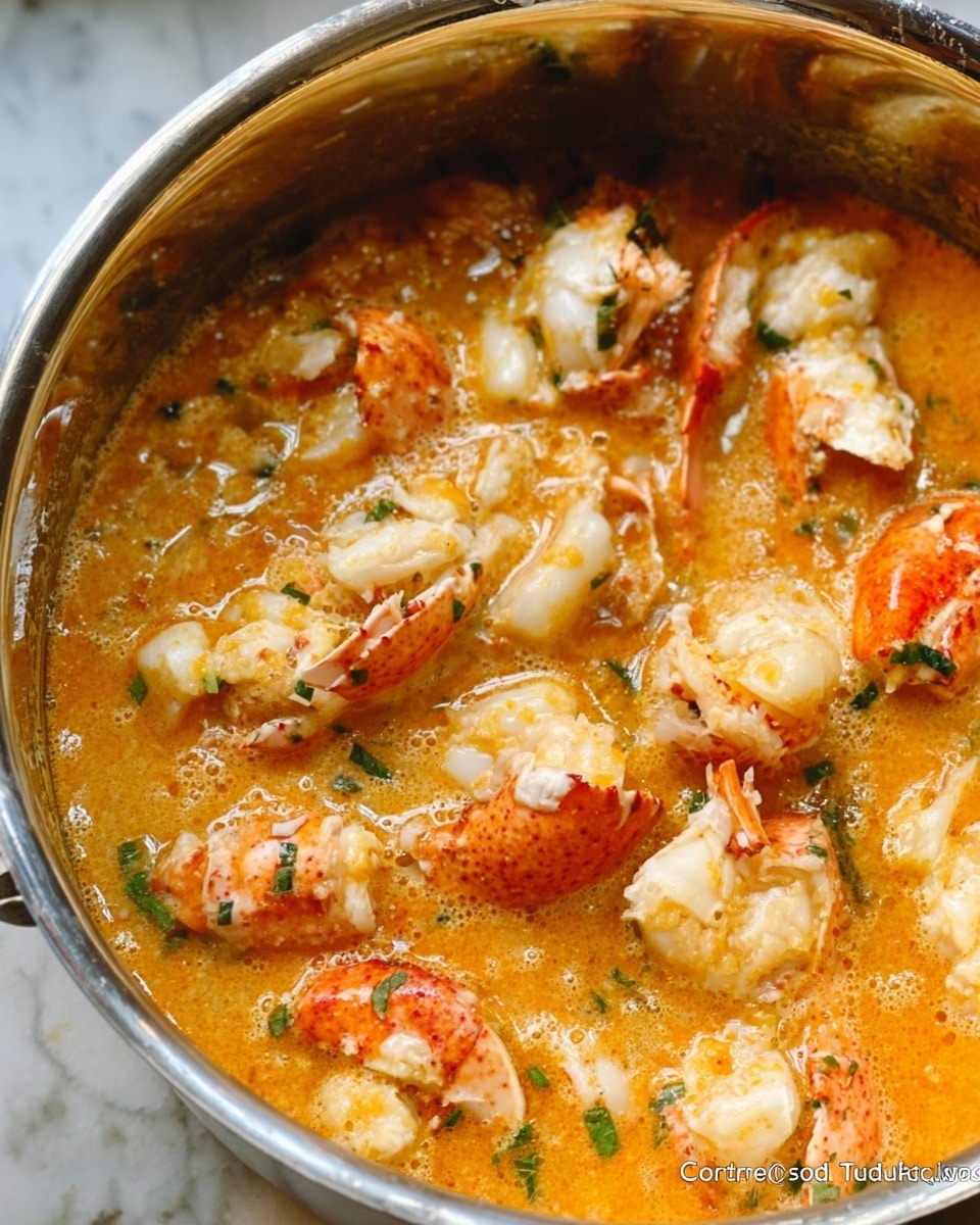 The image shows a pot filled with a cooked dish made of lobster pieces in a light orange sauce. The lobster chunks are white with some red-orange parts on top and are scattered throughout the thick sauce that has a slightly oily shine. Small green herbs are visible in the sauce, adding color contrast. The pot edges are visible with a shiny metal finish, and the background is a white marbled texture. Photo taken with an iphone --ar 4:5 --v 7