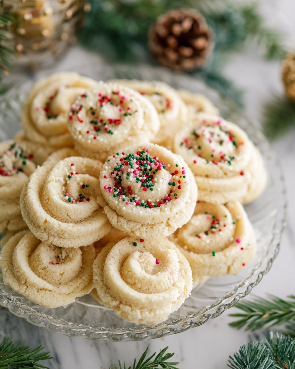 A clear glass plate holds about 12 light beige swirl-shaped cookies with a soft, crumbly texture. Some cookies are decorated with small round sprinkles in red, green, white, and a few pink colors, scattered mainly on the top center. The plate sits on a white marbled surface, surrounded by green pine branches, a brown pinecone, and some blurred holiday decorations in the background, giving a festive feel. The lighting is soft and natural, highlighting the cookies' delicate details. photo taken with an iphone --ar 4:5 --v 7