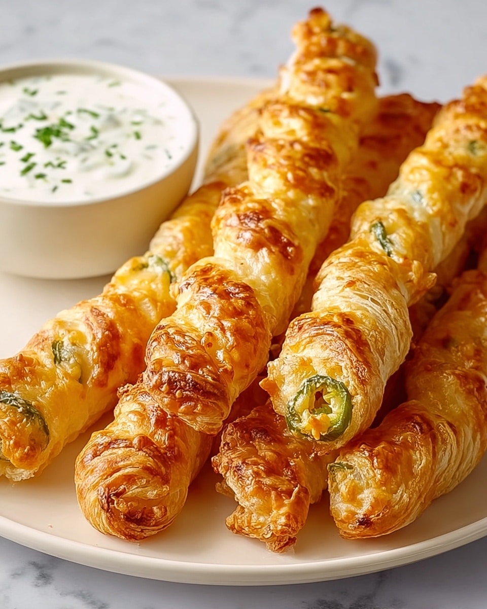 The image shows golden-brown twisted puff pastry sticks with visible melted cheese and green jalapeño slices embedded in the layers. Each stick has a flaky texture with crispy edges and a slightly glossy, baked surface. The sticks are piled closely together on a white plate with a subtle speckled pattern, resting on a white marbled textured surface. The cheese appears melted and slightly browned, adding a rich, gooey contrast to the crispy pastry and bright green jalapeño pieces. Photo taken with an iphone --ar 4:5 --v 7