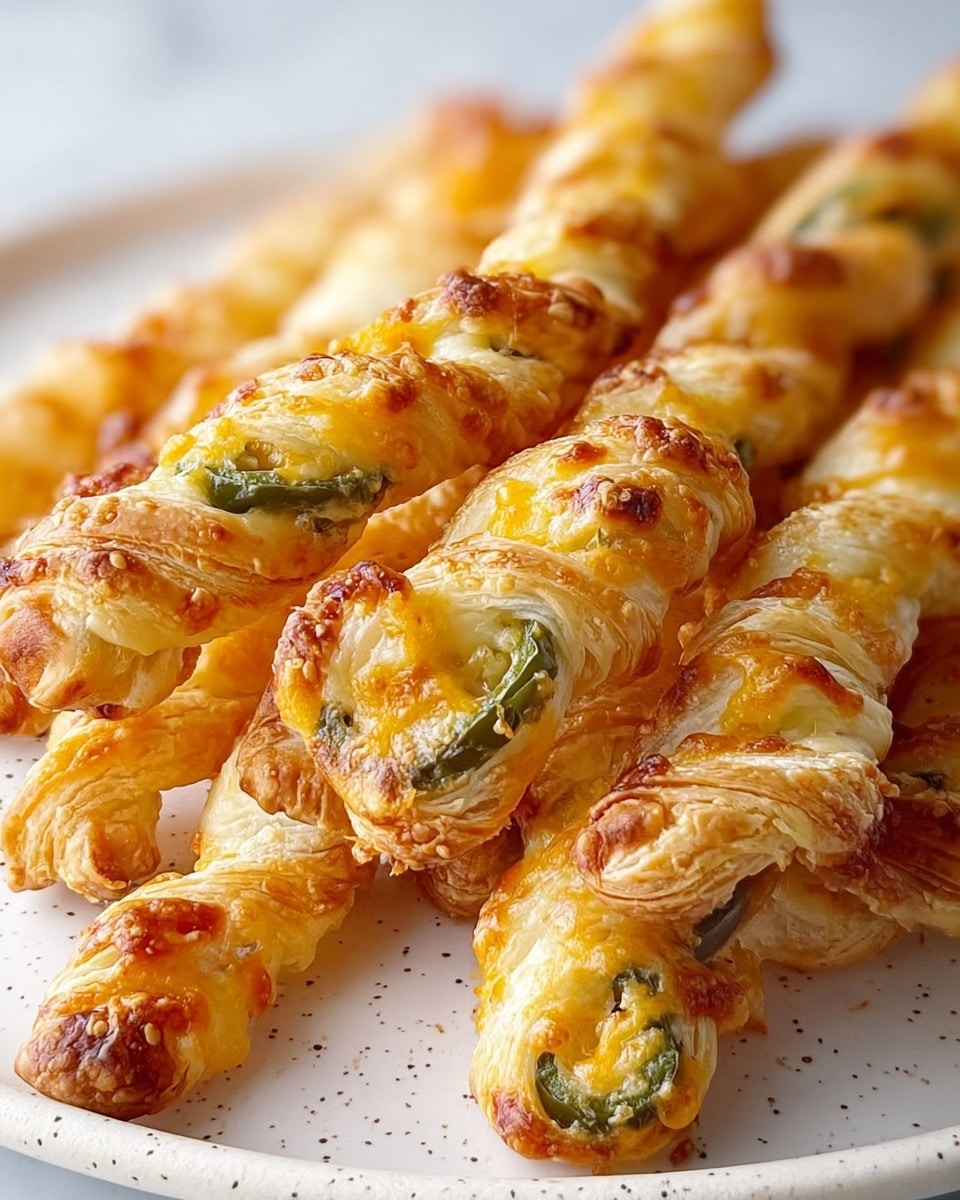 The image shows a white round plate filled with six twisted, golden-brown pastry sticks. Each pastry stick has a flaky, crispy texture with a shiny, slightly oily surface and visible pieces of green jalapeño peppers embedded inside. The pastries are tightly curled, showing layers of dough and filling interwoven. In the background, there is a small white bowl with a smooth, light-colored dipping sauce garnished with green herbs. The setting features a white marbled surface underneath the plate. photo taken with an iphone --ar 4:5 --v 7