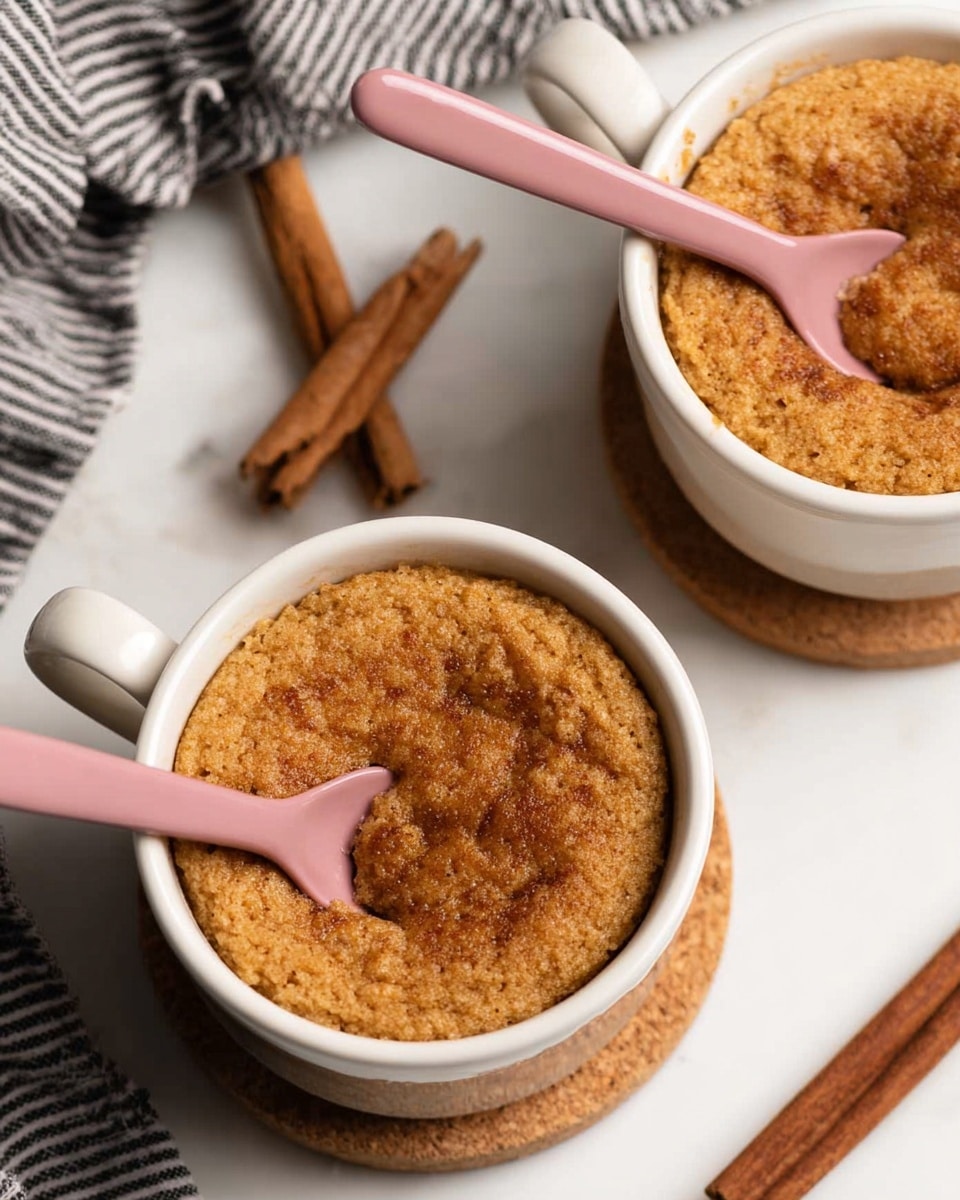 Two white cups filled with one thick, light brown baked dessert each, showing a rough and slightly cracked texture on top. Each cup is placed on a round cork coaster on a white marbled surface. A pink spoon rests inside the cup on the left, with the spoon handle extending out. Nearby, there are two cinnamon sticks and a black and white striped cloth in the top left corner. Photo taken with an iphone --ar 4:5 --v 7