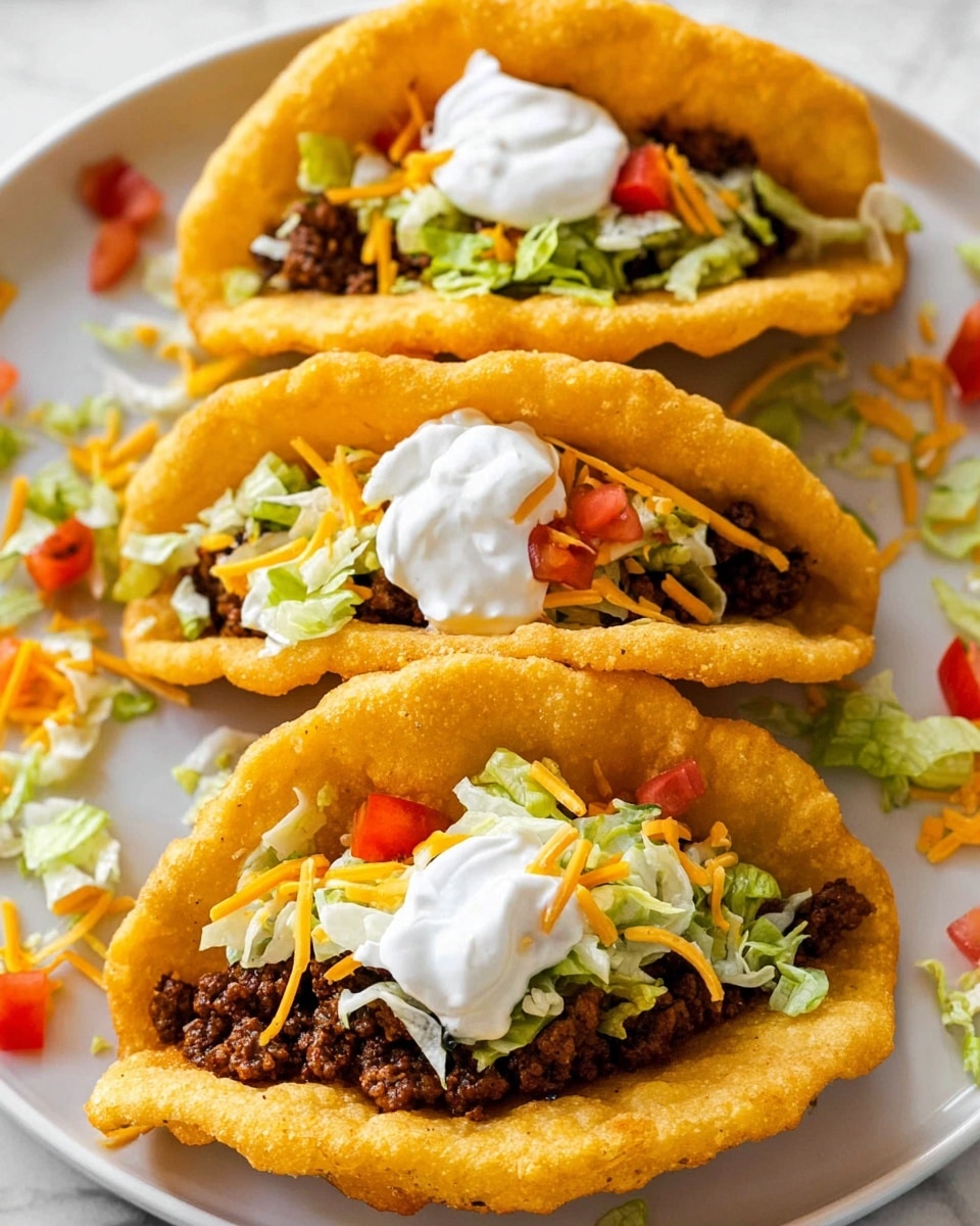 The image shows four golden fried soft taco shells on a white plate, each filled with layers starting from a base of dark cooked ground beef, topped with light green shredded lettuce, bright orange shredded cheddar cheese, and small red tomato pieces. Each taco has a dollop of creamy white sour cream on top, creating a fresh contrast with the warm colors below. The plate sits on a white marbled surface with a few scattered pieces of lettuce, cheese, and tomato around it for a casual, fresh look. photo taken with an iphone --ar 4:5 --v 7