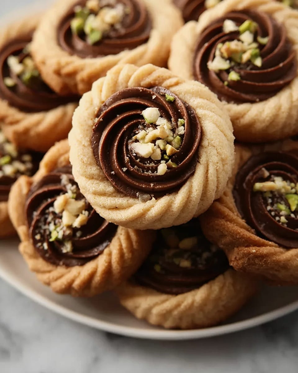 The image shows a close-up of multiple spiral-shaped cookies stacked together. Each cookie has two layers: the larger, outer layer is light brown with a crumbly texture, sculpted in a ridged swirl pattern, and the inner layer is a smooth, dark brown chocolate cream, also swirled, positioned at the center of the cookie. On top of the chocolate cream, small pieces of chopped nuts are scattered, adding texture and a touch of green and beige color. The cookies rest on a white marbled surface. Photo taken with an iphone --ar 4:5 --v 7