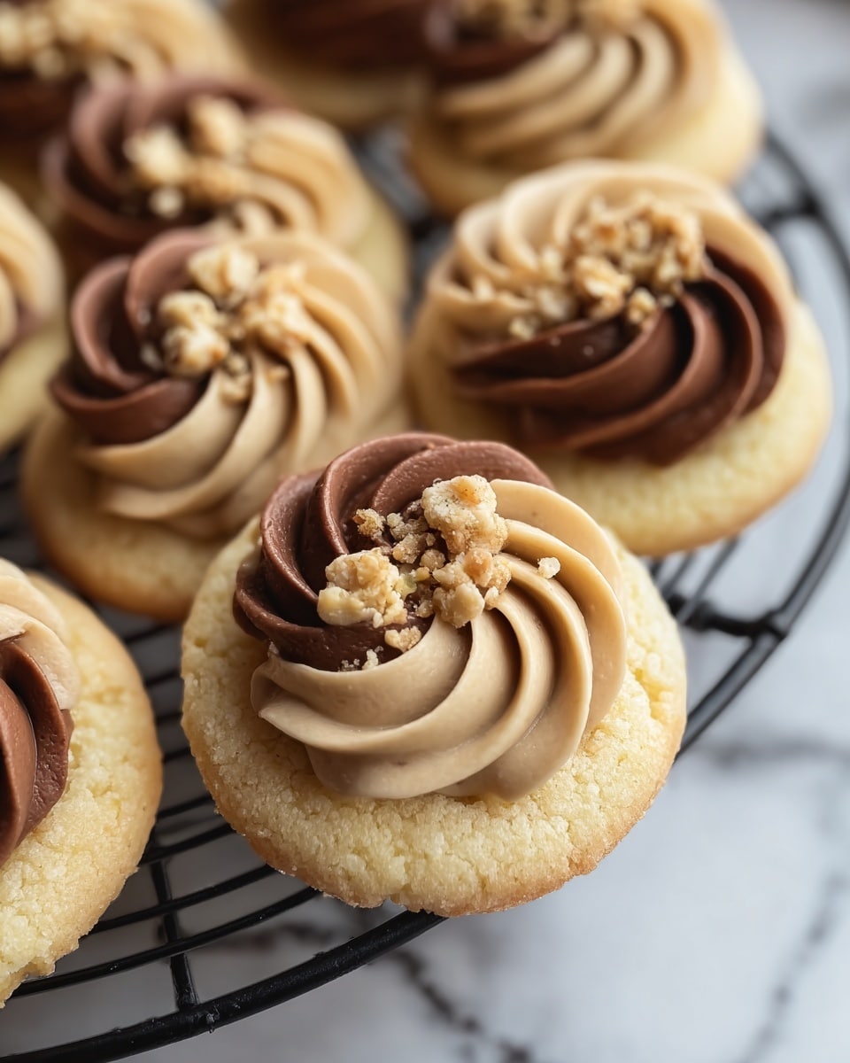 The image shows a close-up of small round cookies stacked on a white wire rack, placed on a white marbled surface. Each cookie has two layers: a light, crumbly beige base and a swirl of two-tone frosting on top, combining creamy light brown and rich dark brown colors with a smooth, creamy texture. The frosting is piped in a wave pattern, and small crunchy nut bits are sprinkled in the middle of each swirl, adding texture contrast. The cookies appear soft and moist, arranged in a slightly tilted pile to highlight the details of the frosting and nuts. Photo taken with an iphone --ar 4:5 --v 7