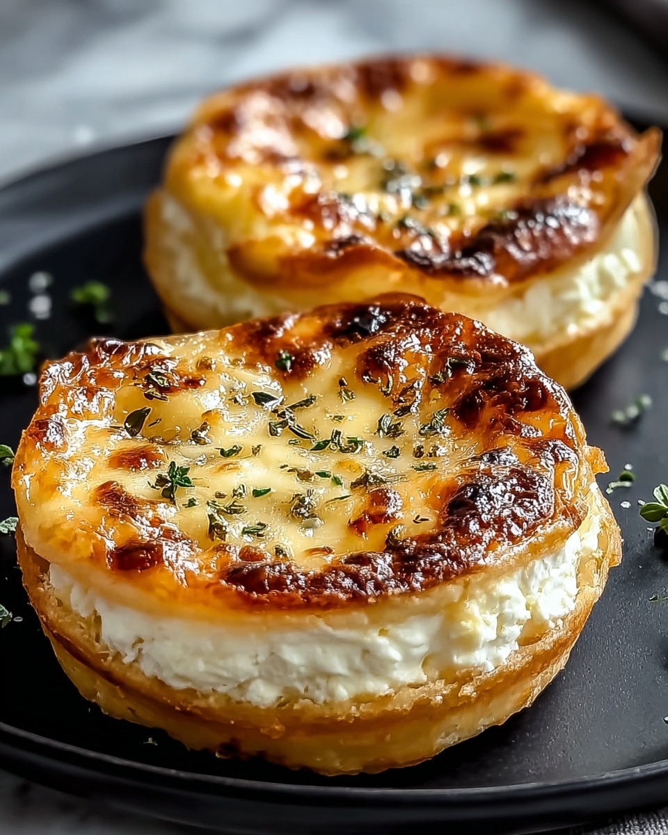 Two round, golden-brown baked cheese tarts are placed on a black plate. Each tart has three layers: a light brown crispy crust at the bottom, a thick, white, fluffy cheese layer in the middle, and a shiny, caramelized yellow cheese top layer with browned spots and hints of orange. Small green herb pieces are sprinkled evenly over the top, adding a touch of color to the warm tones. The background has a white marbled texture. photo taken with an iphone --ar 4:5 --v 7