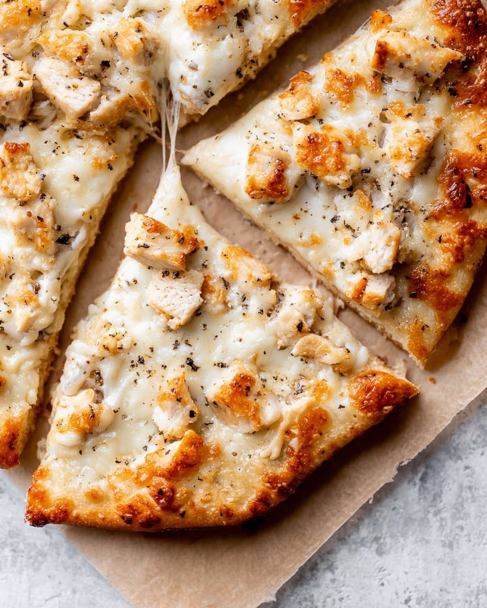 A pizza is cut into eight slices, placed on a wooden pizza peel with some parchment paper underneath. The pizza has a golden-brown crust with some slightly burnt spots on the edges. The top layer is melted white cheese with patches of light brown where it has been baked. Small pieces of chicken are scattered evenly across the pizza, adding texture and additional color. There are small black pepper flakes sprinkled over the cheese, enhancing the detail on the surface. The background is a white marbled texture. photo taken with an iphone --ar 4:5 --v 7