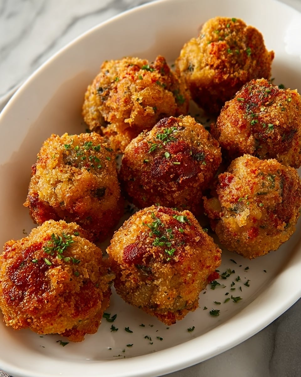 The image shows a white oval plate filled with eight golden-brown, crispy fried balls that appear crunchy on the outside with some reddish seasoning sprinkled over them. Each ball has an irregular, textured surface, indicating a crunchy coating with small green herb pieces visible throughout. The balls are arranged closely together on the plate, which sits on a white marbled surface. photo taken with an iphone --ar 4:5 --v 7