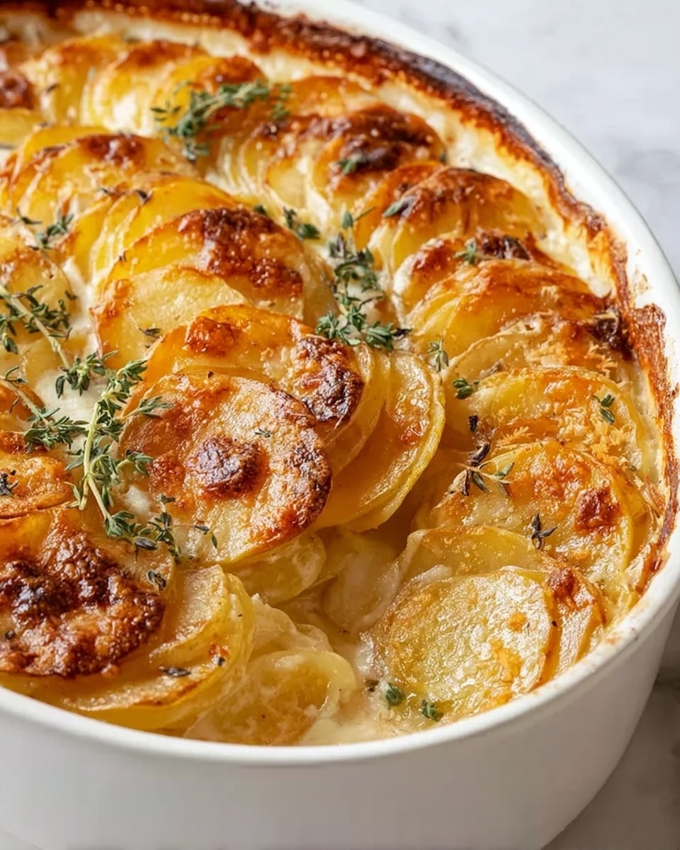 The image shows a white baking dish filled with a layered potato gratin. Thin, round slices of potatoes are stacked vertically in neat rows, creating several layers. Each slice has a golden-brown crust from baking, with some edges slightly crispy and darker in color. The top layer has sprinkled fresh green herbs, likely thyme, adding a touch of color and freshness. The creamy sauce between the potato slices is visible, appearing rich and smooth, slightly bubbling at the edges. The dish is placed on a white marbled surface, enhancing the warm color of the potatoes. photo taken with an iphone --ar 4:5 --v 7