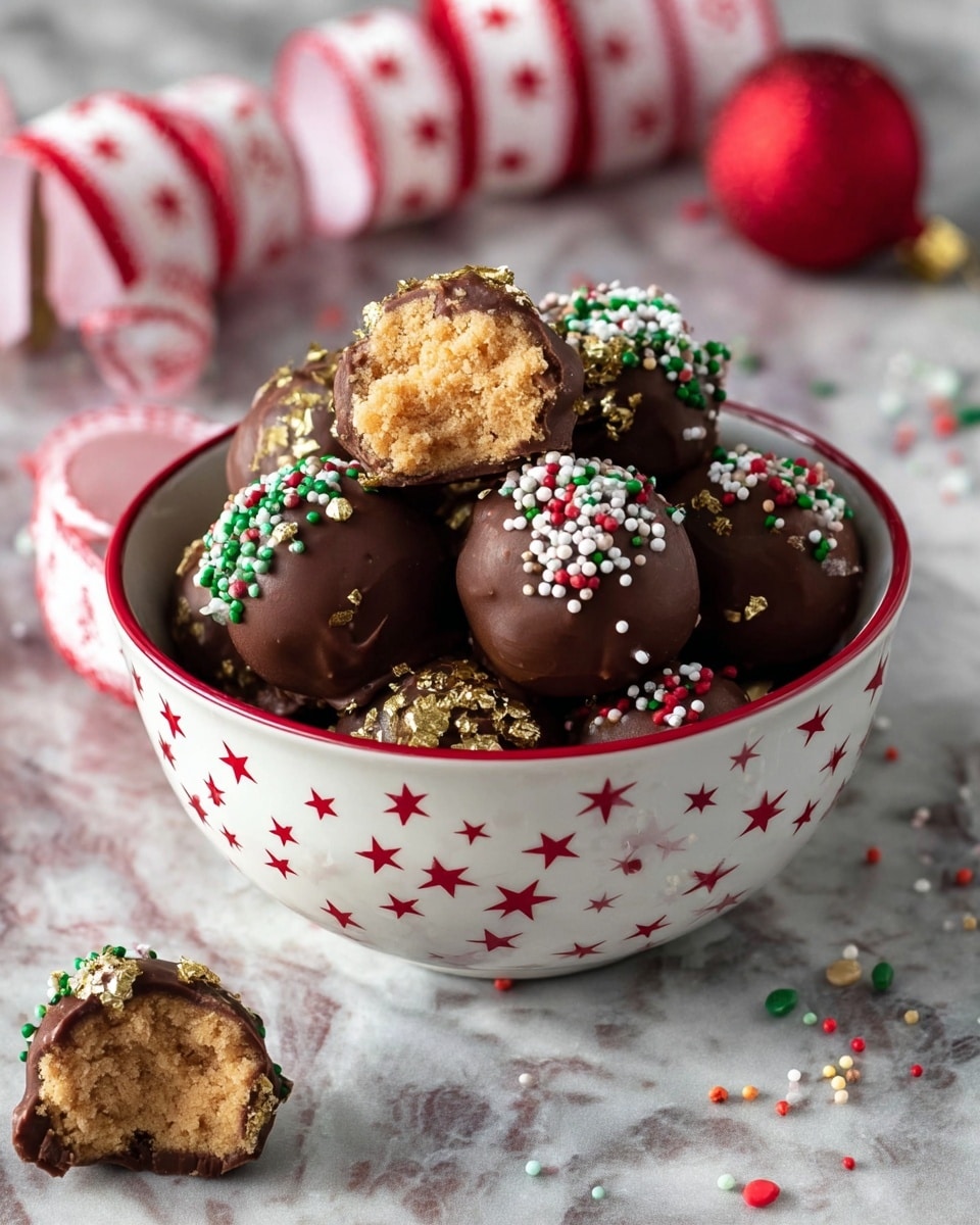 A white bowl decorated with small red stars holds eight round chocolate truffles. Each truffle is coated in smooth milk chocolate and topped with tiny red, white, and green sprinkles. The truffles are arranged loosely in the bowl, showing their shiny texture with some uneven surfaces. The scene is set on a white marbled texture sprinkled with some stray colorful sprinkles around. Around the bowl, there are festive holiday decorations including a golden tinsel garland, a red felt reindeer figure, a candy cane, silver snowflake ornament, and paper cutouts of gingerbread house shapes, enhancing a Christmas feel. Photo taken with an iphone --ar 4:5 --v 7