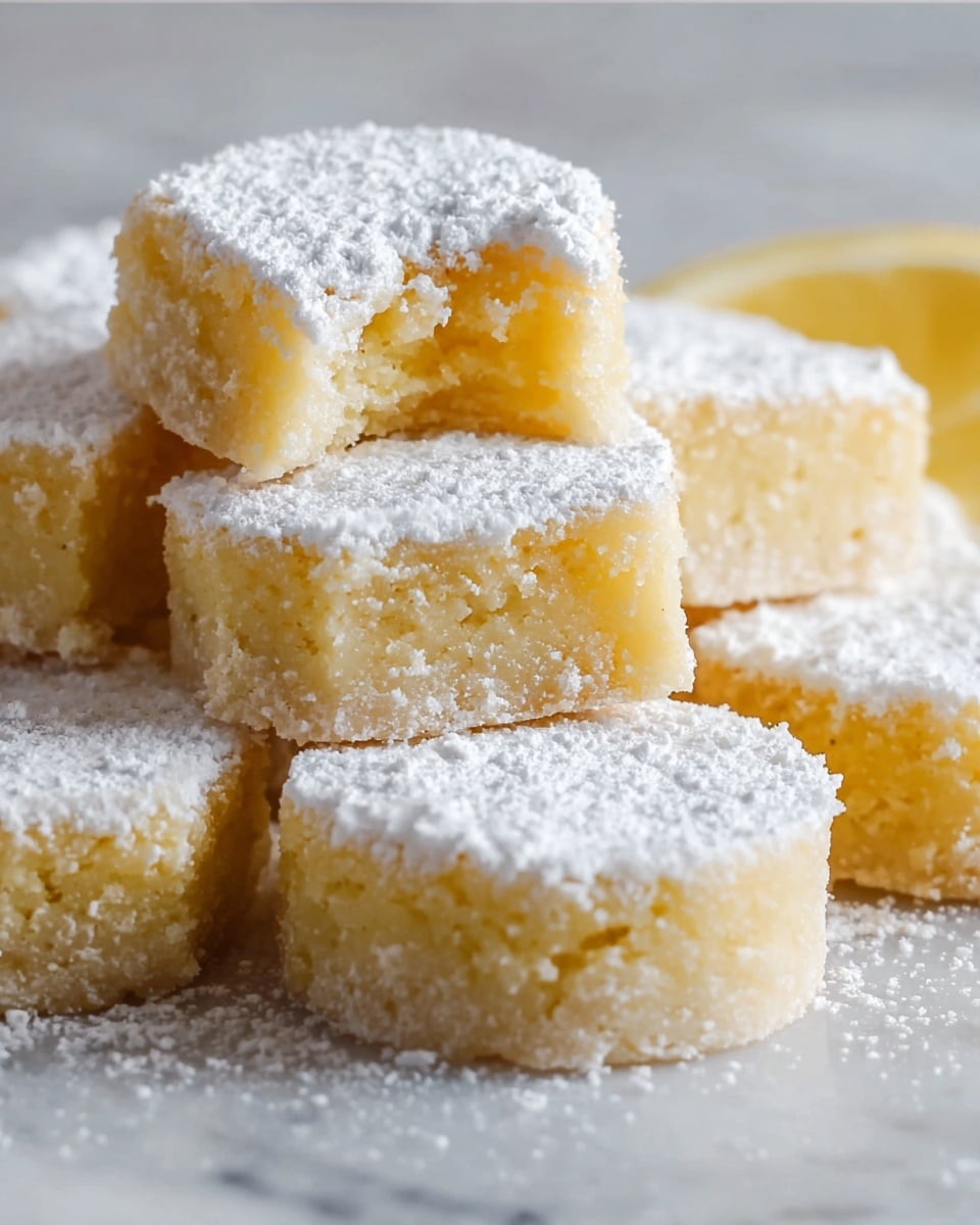 The image shows a close-up of a stack of round, soft-looking lemon bars dusted with powdered sugar. Each bar is a pale yellow color with a crumbly texture, about two layers thick, with a slightly denser bottom crust layer and a moist, lighter top layer. The top layer is covered generously with white powdered sugar, giving it a soft, snowy look. One lemon bar near the top has a bite taken out, showing the moist inside. The bars are arranged messily on a white marbled surface, emphasizing their soft and crumbly texture. Photo taken with an iphone --ar 4:5 --v 7