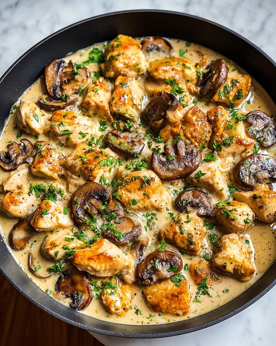 A black pan filled with chunks of golden brown cooked chicken pieces layered throughout, mixed with thickly sliced, glossy, browned mushrooms. The chicken and mushrooms float in a creamy light beige sauce that looks rich and smooth, sprinkled with small bits of fresh green parsley on top for color. The pan sits on a white marbled surface. photo taken with an iphone --ar 4:5 --v 7