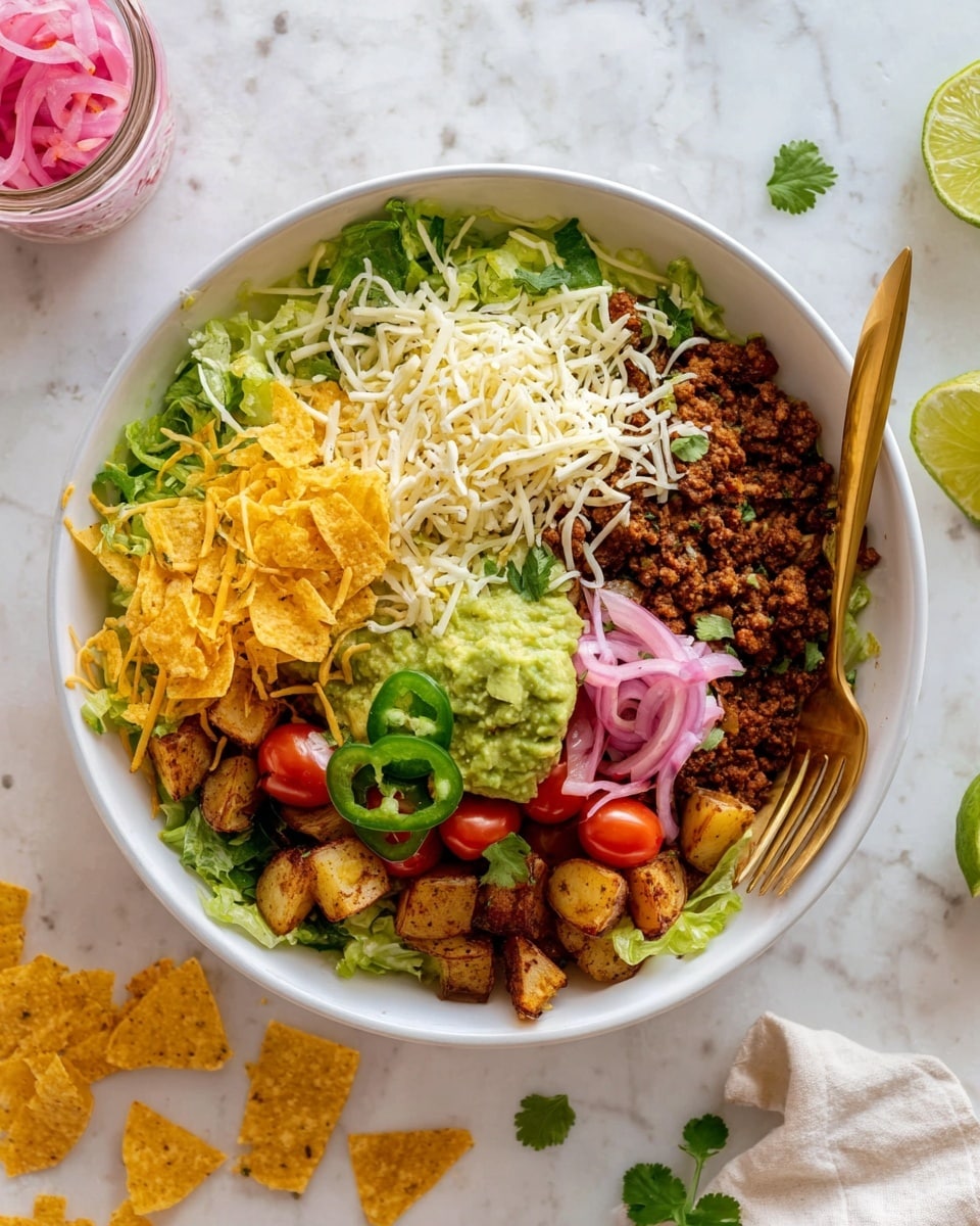 A white bowl holds a layered dish starting with browned, small potato chunks at the base. On top, there is ground meat mixed with shredded white cheese. Half of the bowl has bright green shredded lettuce, while the other side has halved red cherry tomatoes. A scoop of smooth green guacamole is placed near the tomatoes, topped with light purple pickled onion slices and thin green jalapeño rings. Yellow crunchy tortilla chip pieces are sprinkled over the whole bowl, with a small lime wedge and fresh cilantro leaves adding color. A gold fork rests on the right side of the bowl, all set on a white marbled surface with some tortilla chips and a jar of pink pickled onions nearby. Photo taken with an iphone --ar 4:5 --v 7