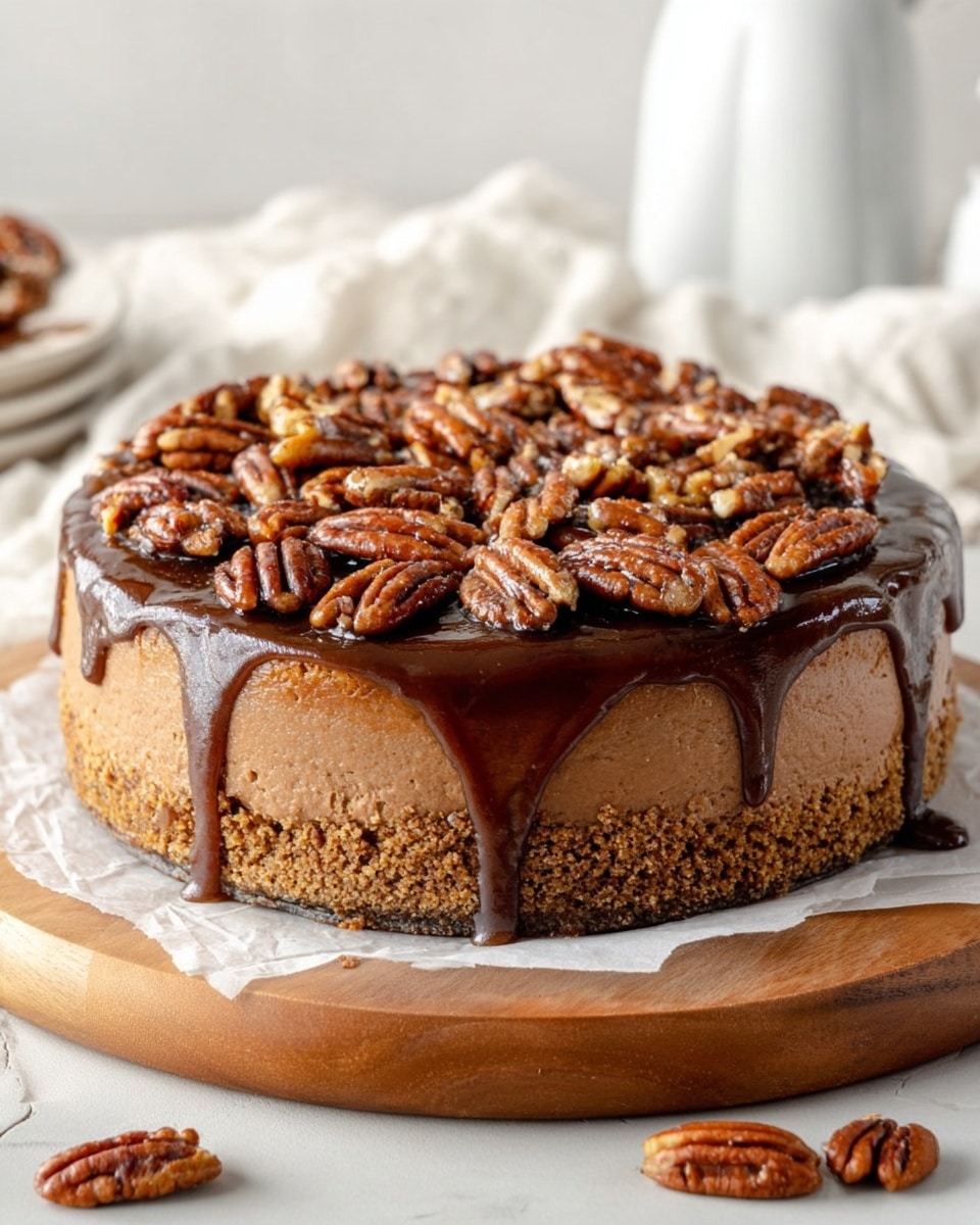 The image shows a three-layer dessert with a crumbly light brown crust at the bottom, a thick smooth medium brown cheesecake layer in the middle, and a glossy dark caramel topping dripping slightly on the sides. The top is covered with many whole shiny pecans that add texture and a rich brown color contrast. The cheesecake sits on white parchment paper placed on a round wooden board, with a white marbled surface underneath and soft white background objects softly out of focus. photo taken with an iphone --ar 4:5 --v 7
