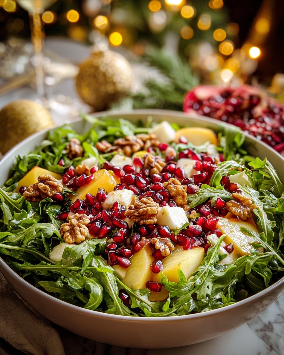 A deep round white bowl filled with a fresh salad that has three main layers: the bottom green layer is leafy arugula with bright green jagged edges, the middle layer includes chunks of pale yellow fruit or vegetable slices and creamy white cheese pieces, and the top layer is scattered with shiny red pomegranate seeds and light brown walnut halves. The salad is lightly drizzled with a glossy dressing, giving some parts a wet and shiny look. The bowl sits on a white marbled surface with blurred warm lights and holiday decor in the background, adding a cozy feel. photo taken with an iphone --ar 4:5 --v 7