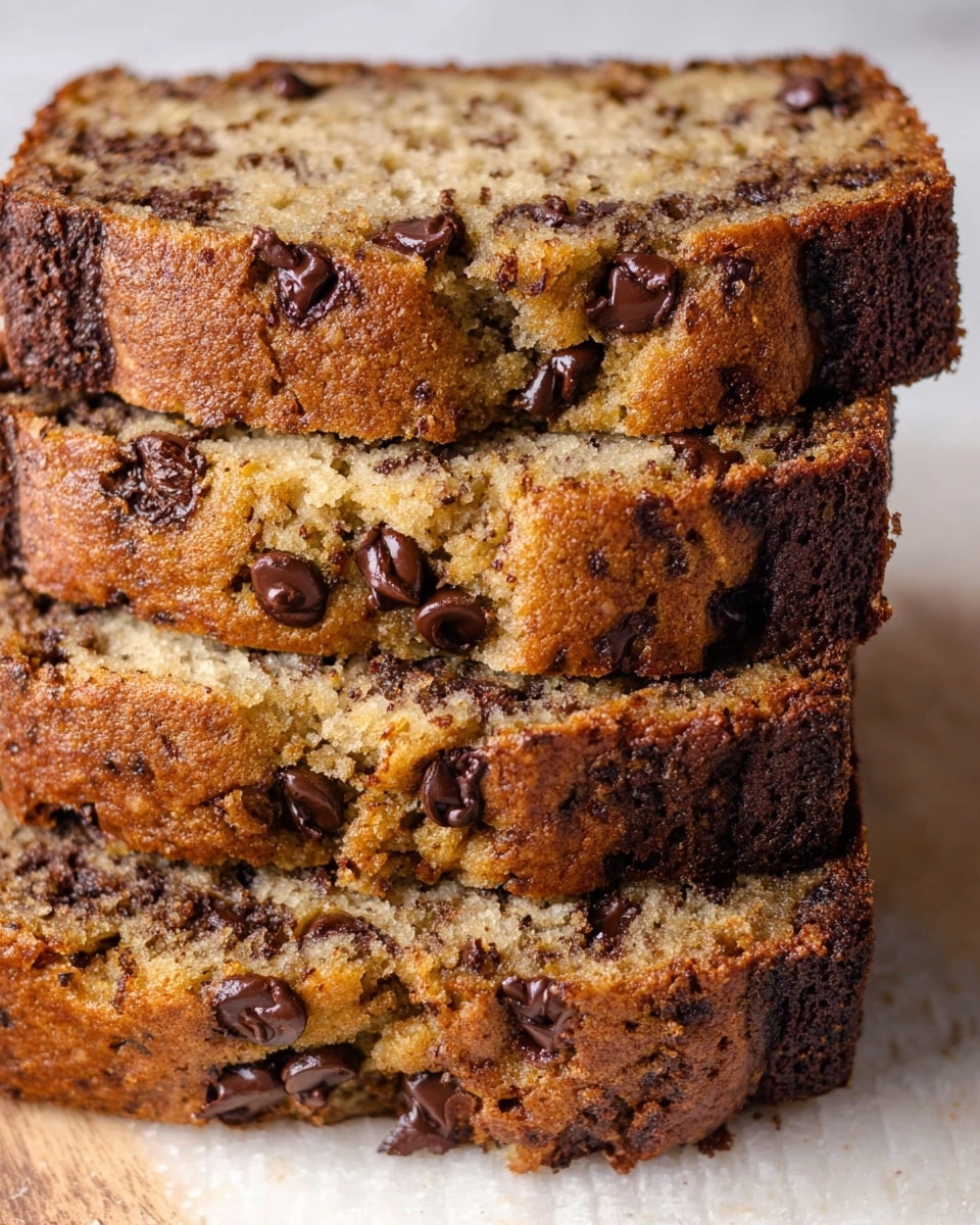 A close-up image of four dense, moist slices of chocolate chip banana bread stacked on top of each other. Each slice shows a golden-brown crust with a slightly rough texture and plenty of melty, dark chocolate chips embedded throughout the light brown interior crumb, which is soft and slightly grainy. The bread slices are displayed against a white marbled texture surface, highlighting the rich, warm colors and chocolate details. Photo taken with an iphone --ar 4:5 --v 7