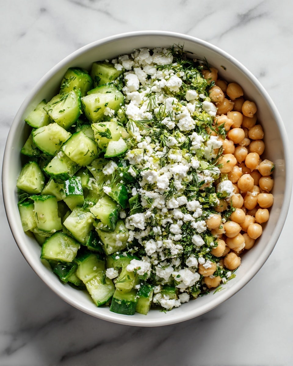 A white bowl filled with a fresh salad consisting of three main layers: the bottom layer is made of chopped pale green cucumbers with darker green skin, the middle layer consists of small round light beige chickpeas, and the top layer is sprinkled with white crumbled cheese and finely chopped dark green herbs. The bowl is placed on a white marbled surface, creating a clean and bright background. Photo taken with an iphone --ar 4:5 --v 7