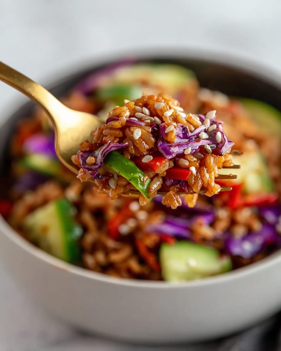 A close-up image of a fork holding a mix of cooked rice with a reddish-brown sauce, bright purple cabbage pieces, green cucumber slices, and thin red bell pepper strips, all speckled with small white sesame seeds. The background shows a white bowl filled with the same colorful mix of rice and vegetables on a white marbled surface. The fork is gold-colored and the focus is sharp on the food while the background is softly blurred. photo taken with an iphone --ar 4:5 --v 7