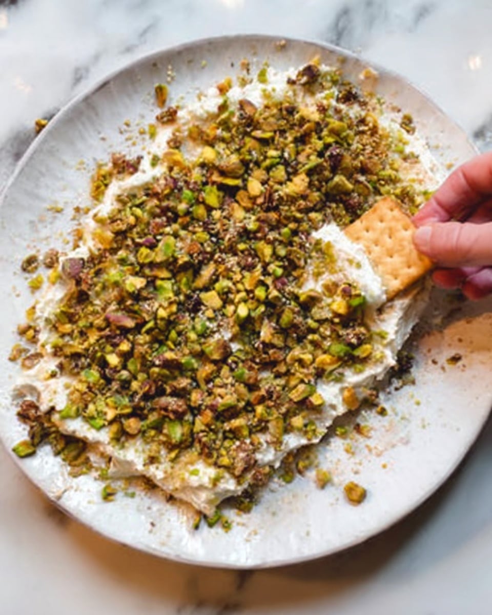 A white plate on a white marbled surface holds a creamy white spread, evenly laid out to cover the surface of the plate. On top of the spread, there is a thick layer of chopped green and brown pistachios, covering most of the spread except some edges where it is visible. In the bottom right corner, a woman's hand is holding a rectangular cracker that is dipped into the creamy layer. The plate and the snack are arranged casually but invitingly. photo taken with an iphone --ar 4:5 --v 7
