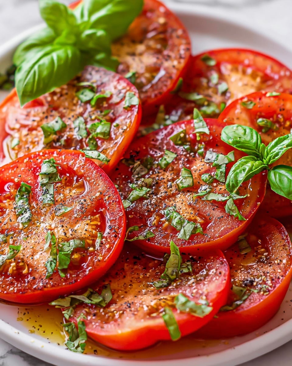 The image shows a close-up of several red tomato slices arranged closely together on a white plate. Each tomato slice is topped with small, scattered pieces of green herbs, likely basil and parsley, and sprinkled with black pepper and coarse salt. Some shiny drops of olive oil are visible on the tomato surfaces, adding a glossy texture. Bright green whole basil leaves are placed on top as garnish, adding a fresh look. The background is a white marbled texture. photo taken with an iphone --ar 4:5 --v 7