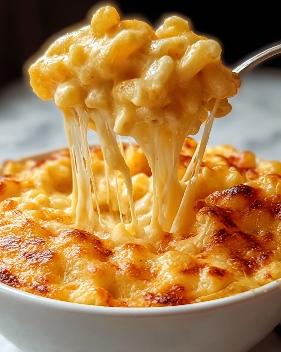 The image shows a close-up of a white baking dish filled with baked macaroni and cheese that has two layers. The bottom layer is creamy macaroni pasta coated in a smooth, pale yellow cheese sauce. The top layer is a golden-brown melted cheese crust with bubbling, slightly crispy edges. The baked cheese is scattered with small green herbs and lightly browned breadcrumbs that add texture. A fork is partially inserted into the top right corner of the dish, picking up some pasta. The dish sits on a white marbled surface with extra shredded cheese nearby. Photo taken with an iphone --ar 4:5 --v 7