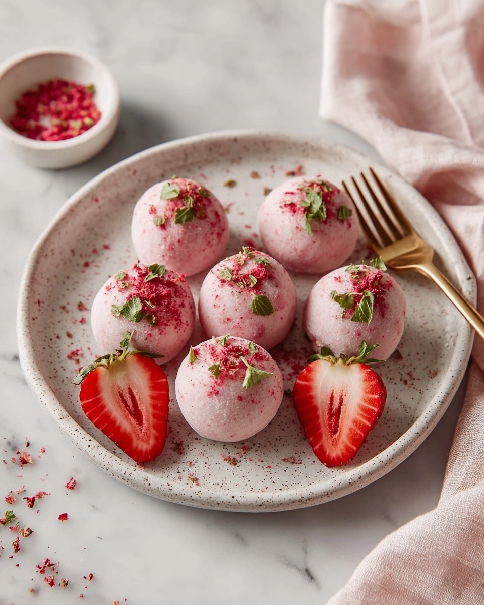 Six light pink round dessert balls sit on a white speckled plate, each topped with small green leaves and crushed red pieces. Two red strawberry halves with green tops rest on the plate among the balls. A gold fork lays on the left side of the plate. The plate is on a white marbled surface and next to it on the right is a red strawberry half and a soft pink cloth. In the top left corner, a small white bowl holds crushed red crumbs. photo taken with an iphone --ar 4:5 --v 7