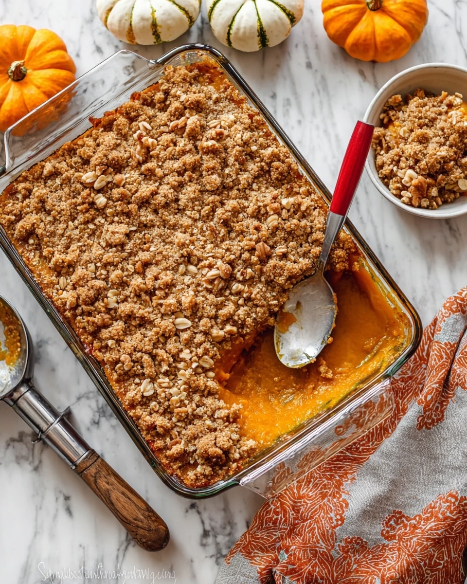 A rectangular glass baking dish holds a three-layer dessert with a rough textured, light brown crumb topping filled with oats and small nut pieces. The middle layer is a soft, bright orange filling resembling pumpkin, sitting above a slightly darker base layer visible in the empty corner. A large spoon with a red handle is scooping out the dessert, resting inside the dish on the right side. Near the dish, an orange and gray patterned cloth lies on a white marbled surface. Around the dish are a metal ice cream scoop with a wooden handle, small white pumpkins with green stripes, and a small round white bowl with a portion of the same dessert. photo taken with an iphone --ar 4:5 --v 7
