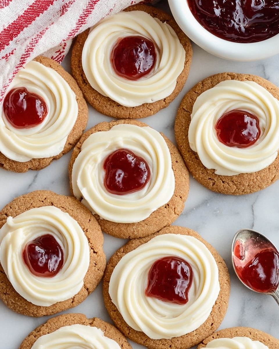 The image shows several round cookies with a light brown color and a slightly rough texture, each topped with a swirl of smooth, white cream arranged in a circular pattern. In the center of the cream on each cookie, there is a dollop of shiny, dark red jam, creating a strong color contrast with the white cream and brown cookie. The cookies are placed closely together on a white marbled surface, with part of a white bowl holding extra red jam visible in the top right corner. A red and white striped cloth is partially visible in the top left corner, and a silver spoon with some jam rests near the bottom right edge. photo taken with an iphone --ar 4:5 --v 7
